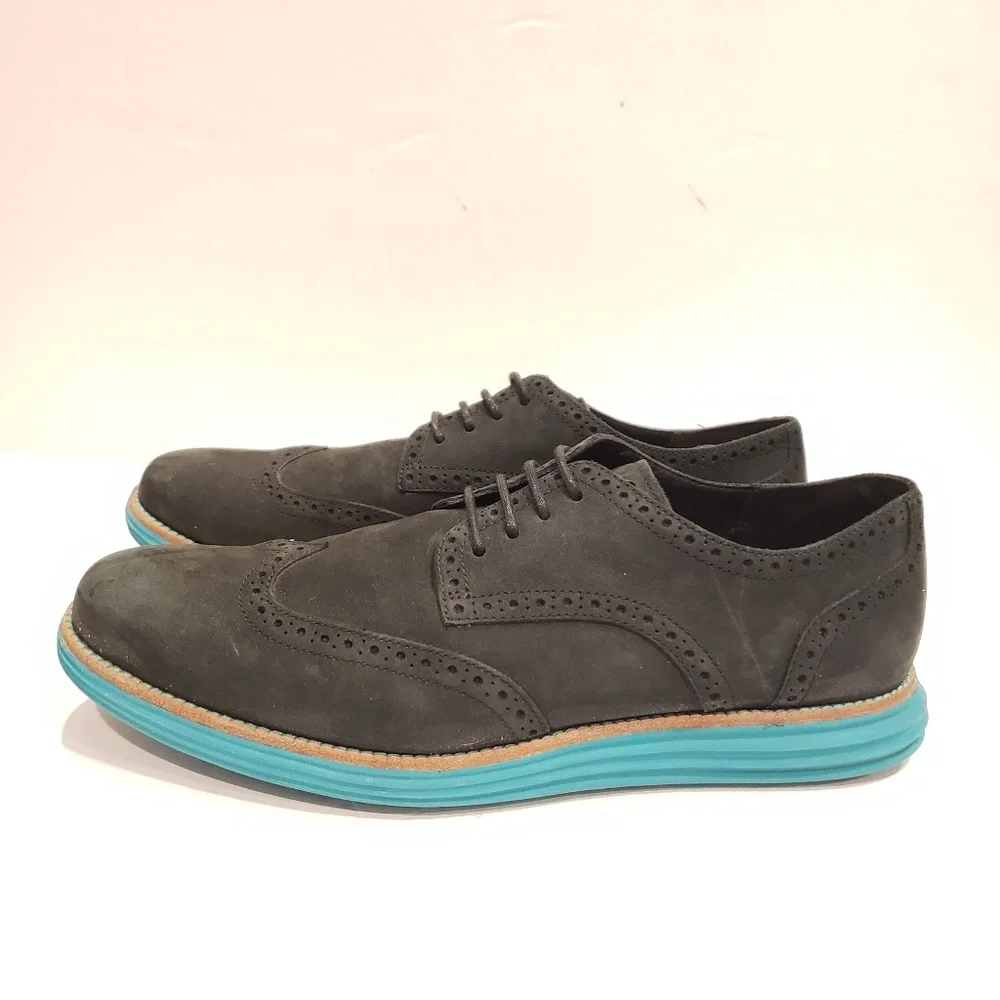Cole Haan Mens Dress Shoes Lunargrand wingtips black suede and Tiffany blue 11.5